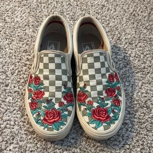 Vans Checkered Slip-Ons with Red Rose Embroidery